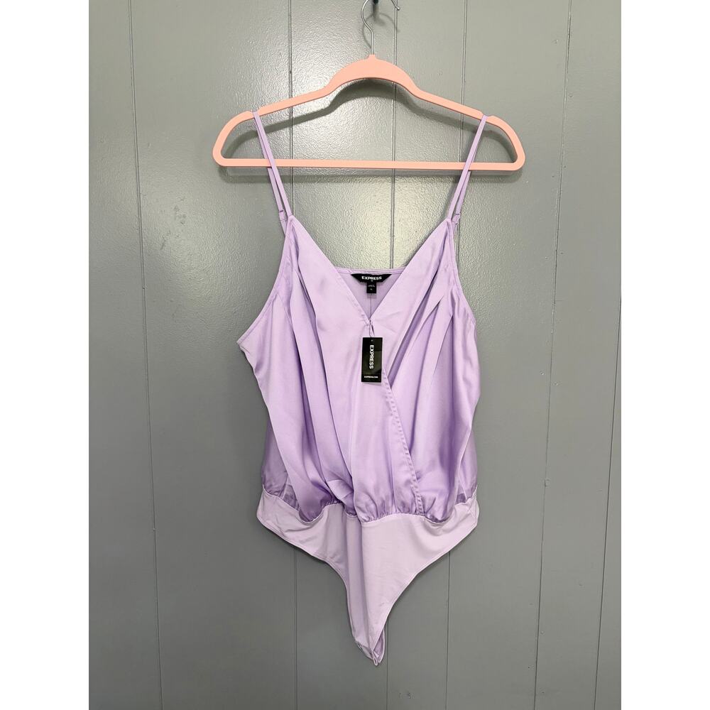 NEW Express Outlet Purple Satin Faux Wrap Sleeveless V-neck Bodysuit XL